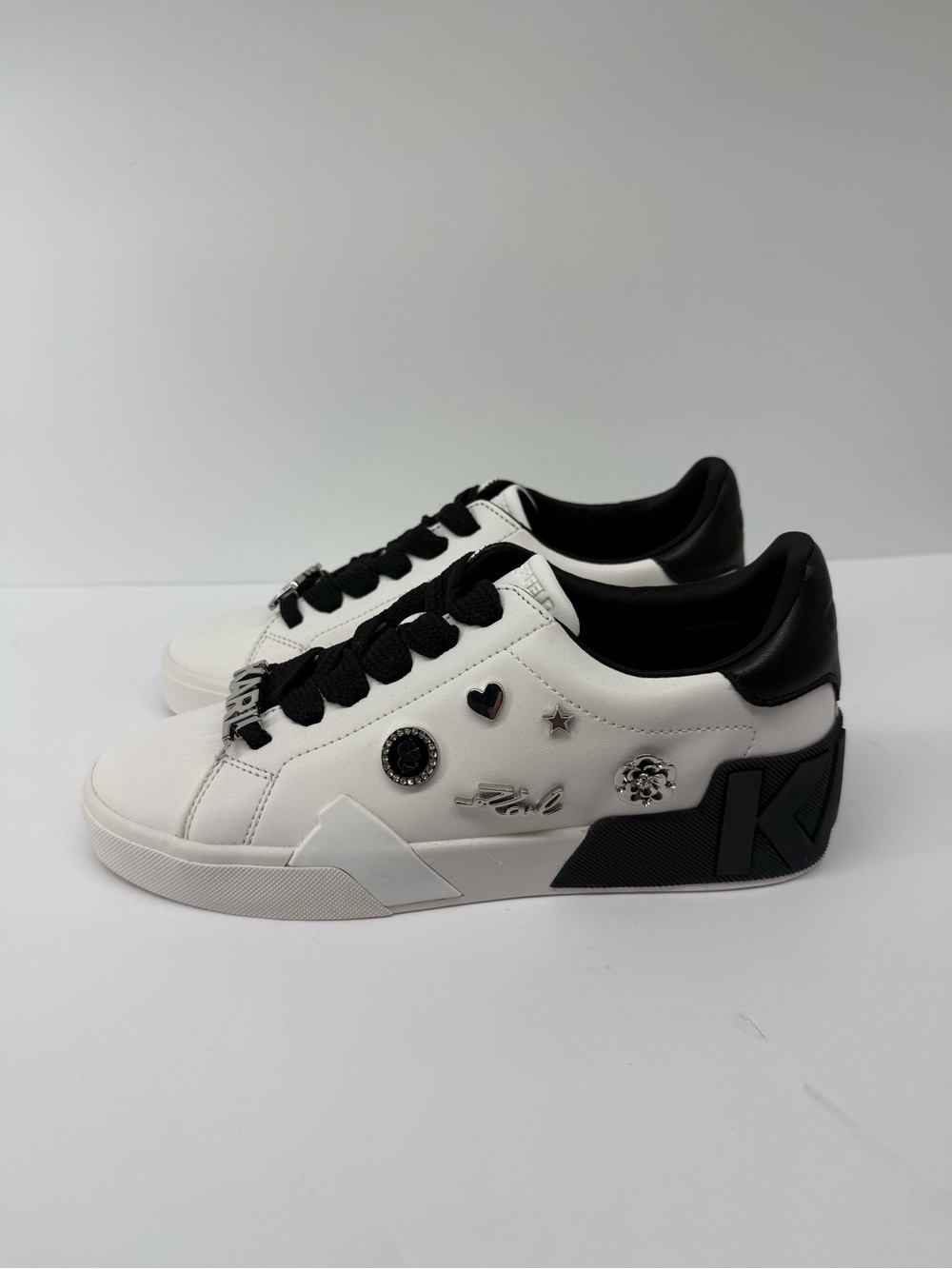 Karl Lagerfeld White and Black Low-Top Sneakers with Logo Charms